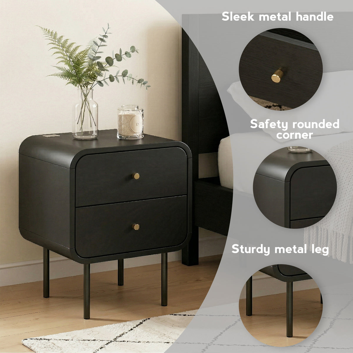 Bedside Table with 2 Drawers and Metal Handles - Black