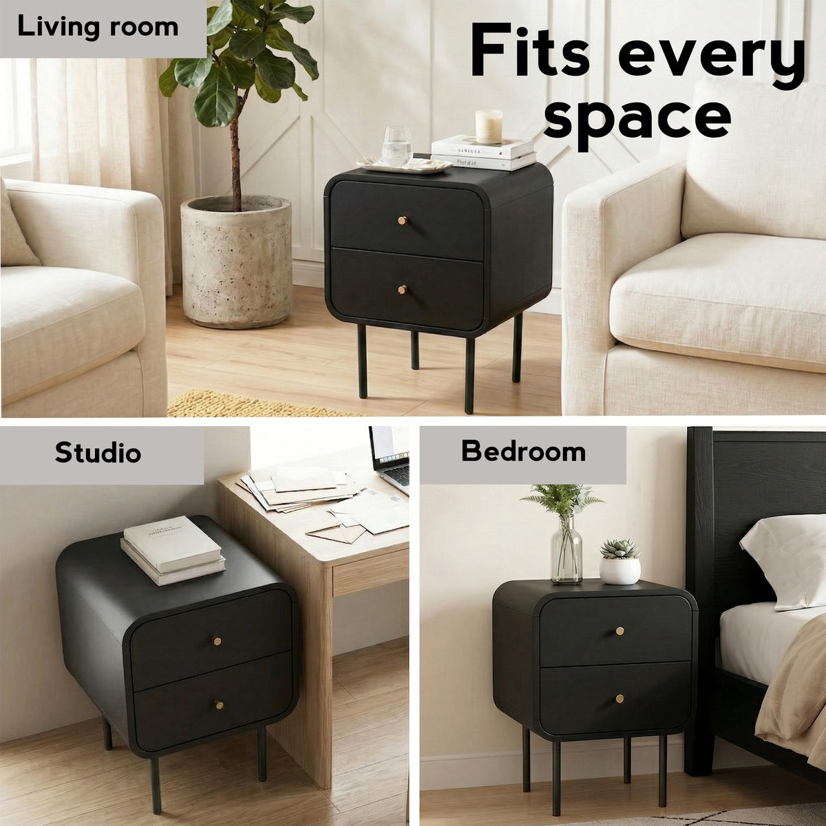 Bedside Table with 2 Drawers and Metal Handles - Black