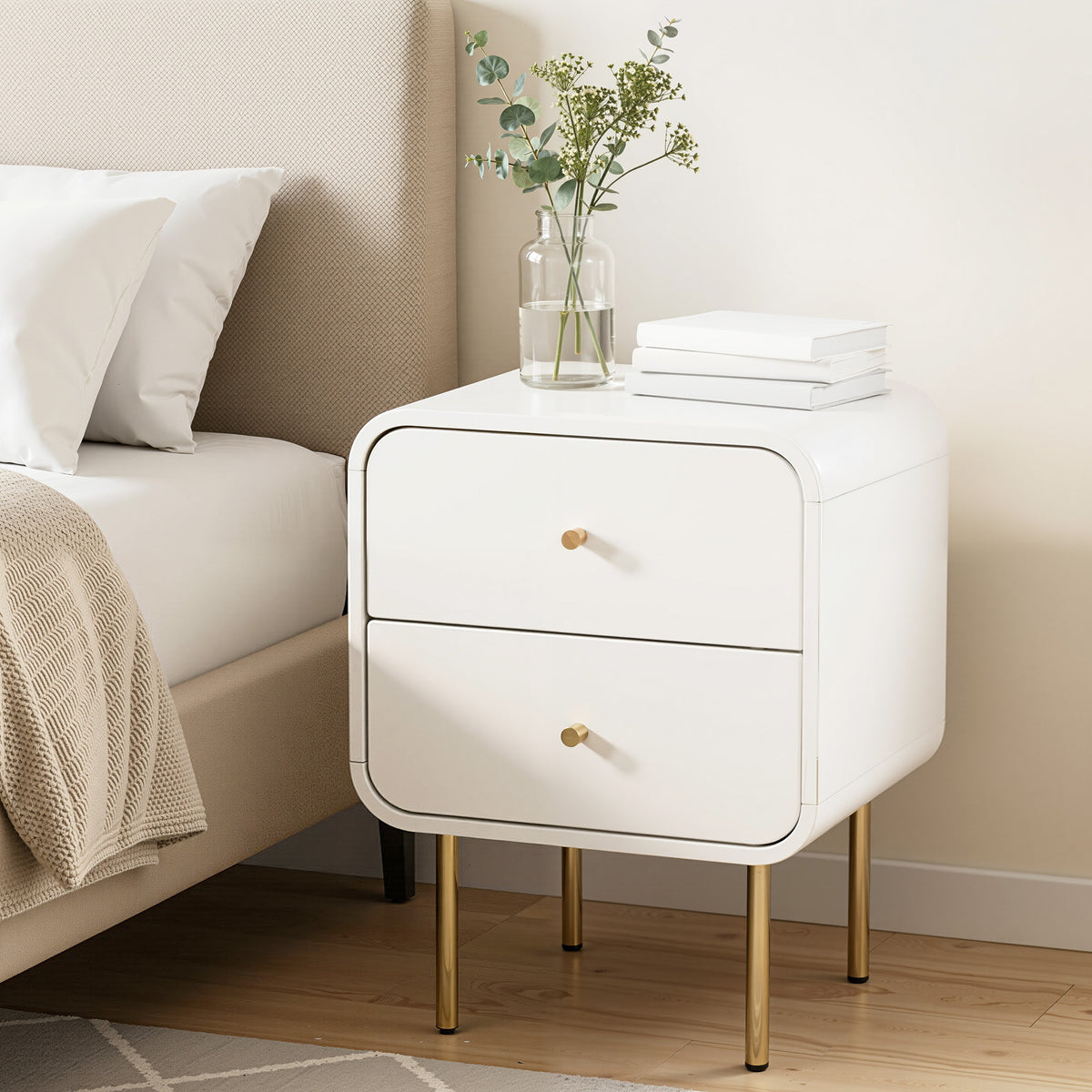Bedside Table with 2 Drawers and Metal Handles - White