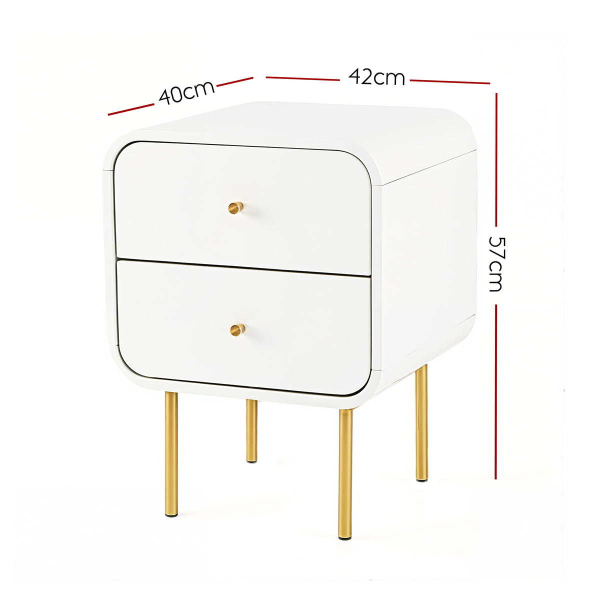 Bedside Table with 2 Drawers and Metal Handles - White