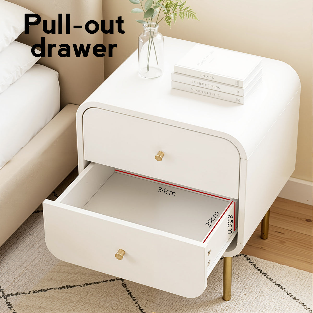Bedside Table with 2 Drawers and Metal Handles - White