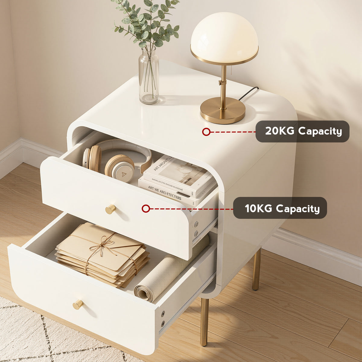 Bedside Table with 2 Drawers and Metal Handles - White