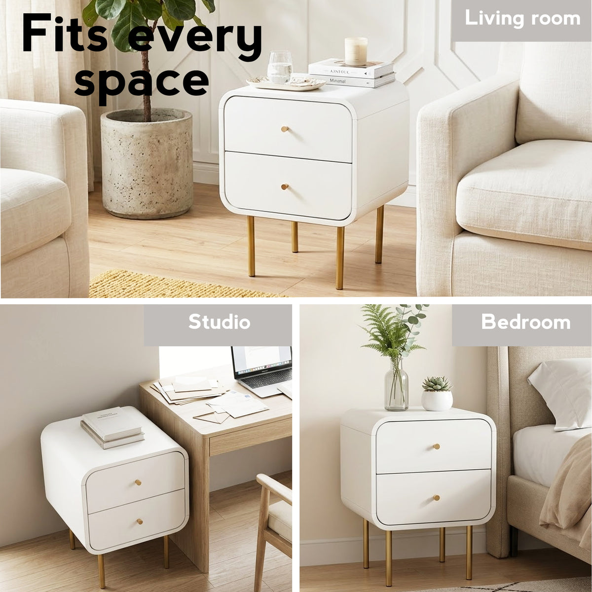 Bedside Table with 2 Drawers and Metal Handles - White