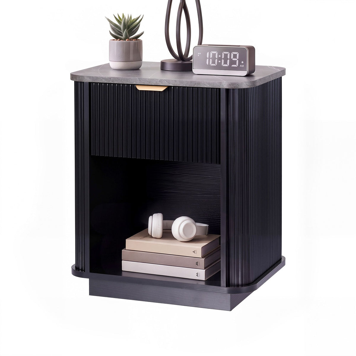 Bedside Table with 1 Drawer and Marble-Effect Top - Black