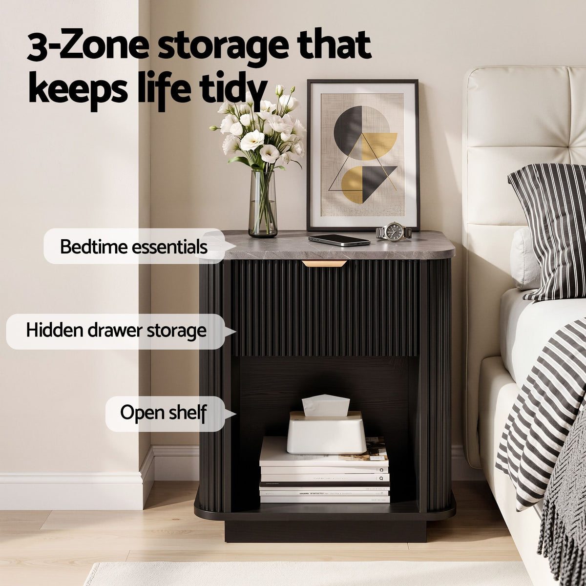Bedside Table with 1 Drawer and Marble-Effect Top - Black