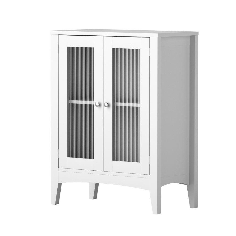 Bathroom Storage Cabinet 80cm Buffet Sideboard Floor Cupboard Toilet Glass White with two ribbed glass doors and silver handles