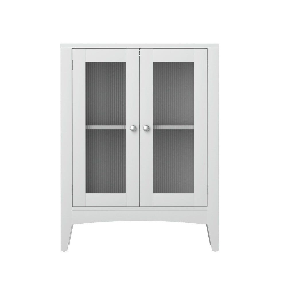 Bathroom Storage Cabinet 80cm Buffet Sideboard Floor Cupboard Toilet Glass White with double glass doors and silver handles on white background