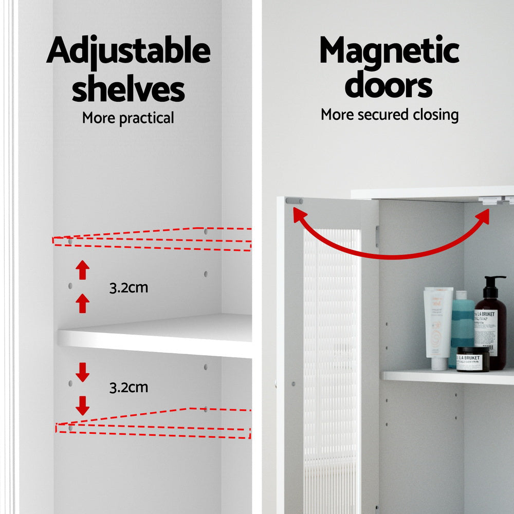 Bathroom Storage Cabinet 80cm Buffet Sideboard Floor Cupboard Toilet Glass White with adjustable shelves and magnetic doors for secure closing