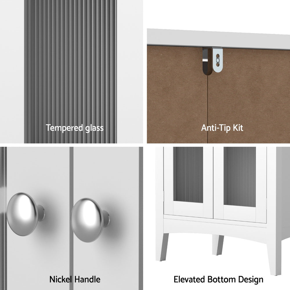 Bathroom Storage Cabinet 80cm Buffet Sideboard Floor Cupboard Toilet Glass White with tempered glass doors and nickel handles