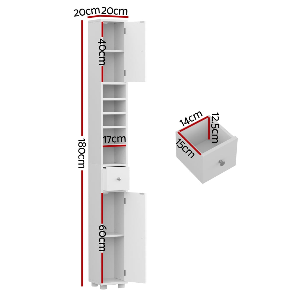 Bathroom Storage Cabinet 180cm Tall Slim Floor Cupboard Toilet Narrow Linen Tower with multiple compartments and a drawer in white finish