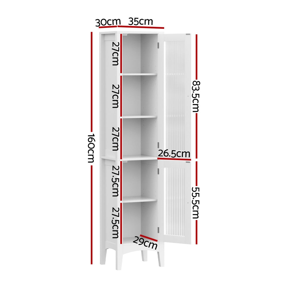 Bathroom Storage Cabinet 160cm Tall Slim Floor Cupboard Toilet Glass Door White with internal shelves and open door showing storage compartments