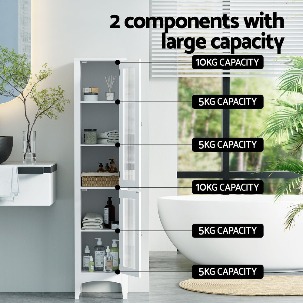 Bathroom Storage Cabinet 160cm Tall Slim Floor Cupboard Toilet Glass Door White with labeled shelf weight capacities in modern bathroom setting