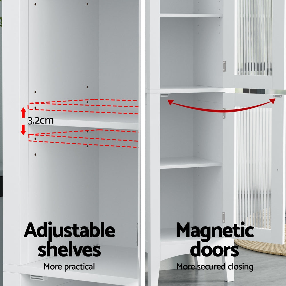 Bathroom Storage Cabinet 160cm Tall Slim Floor Cupboard Toilet Glass Door White with adjustable shelves and magnetic doors