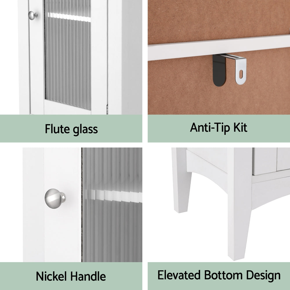 Bathroom Storage Cabinet 160cm Tall Slim Floor Cupboard Toilet Glass Door White with flute glass, anti-tip kit, nickel handle, and elevated base design