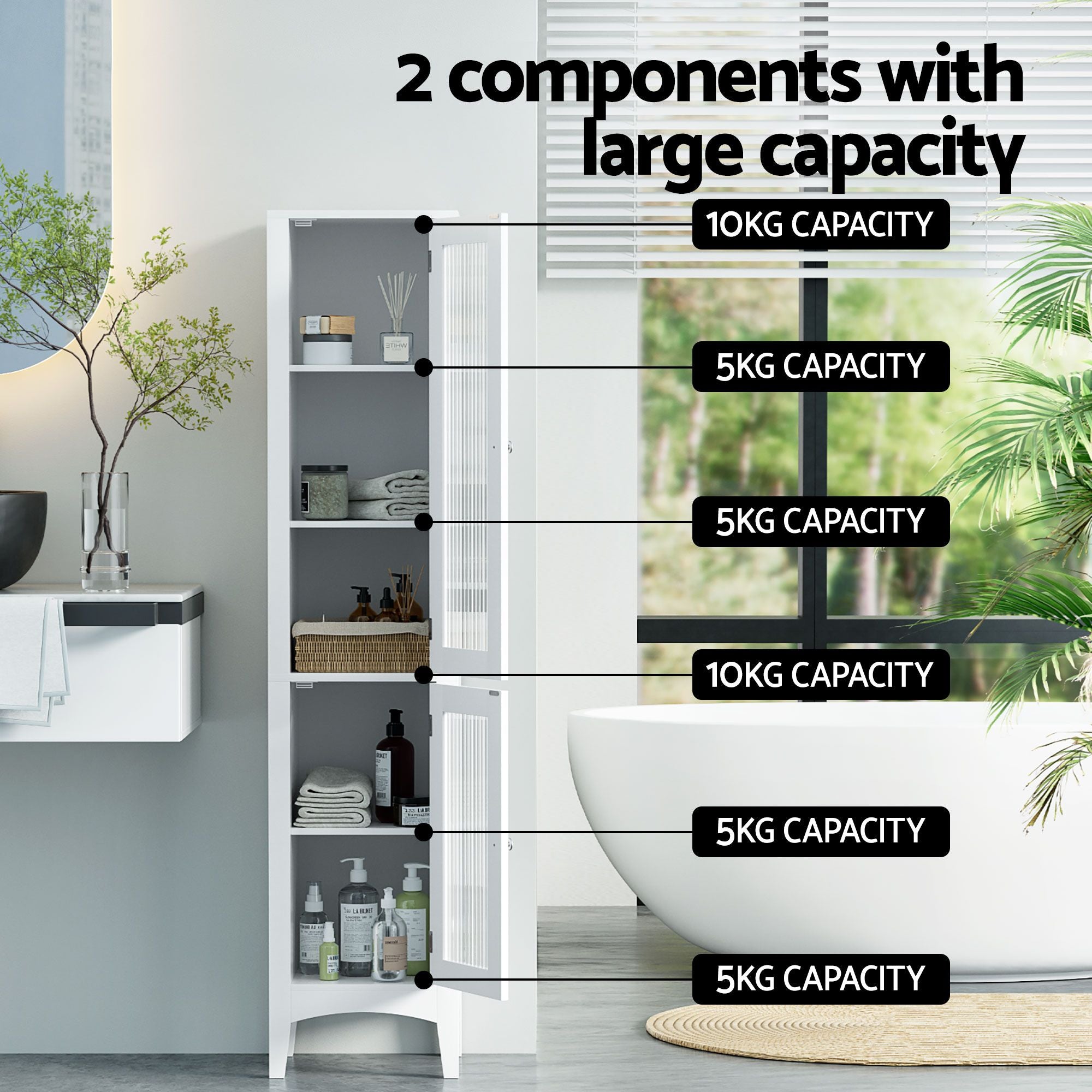 2X Slim Tall Bathroom Storage Cabinets 160cm with Glass Doors - White
