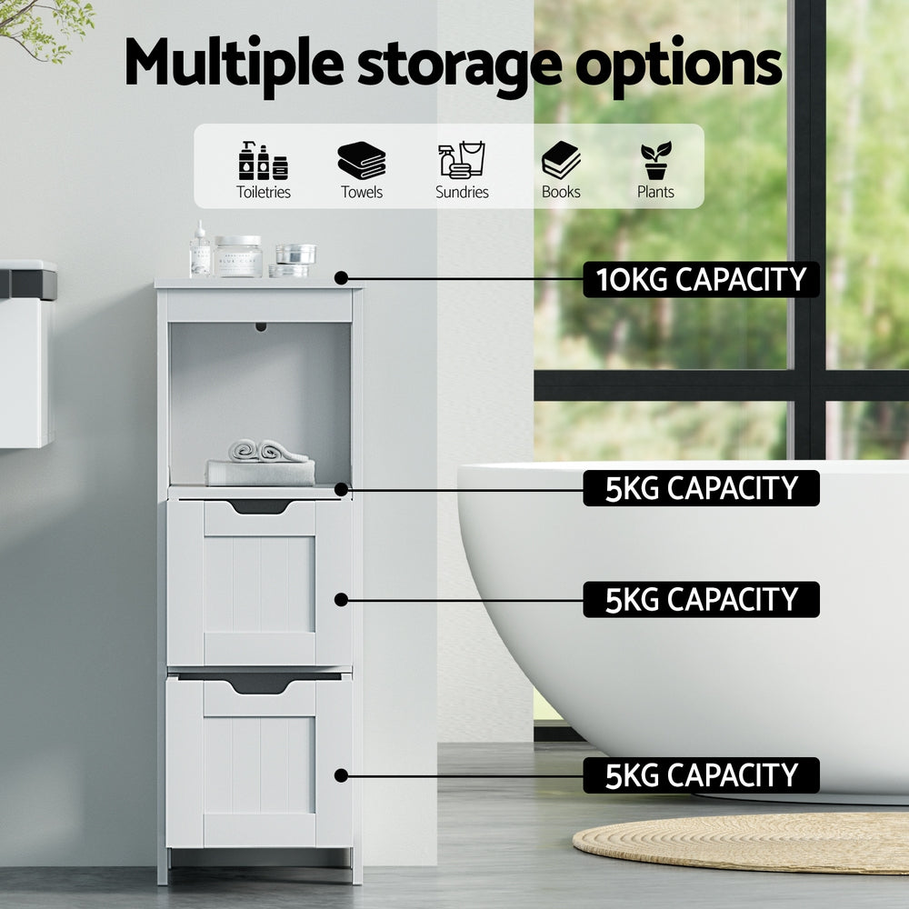 Bathroom Storage Cabinet 89cm Floor Toilet Drawer Bedroom Organizer Standing White with multiple storage compartments and weight capacities shown