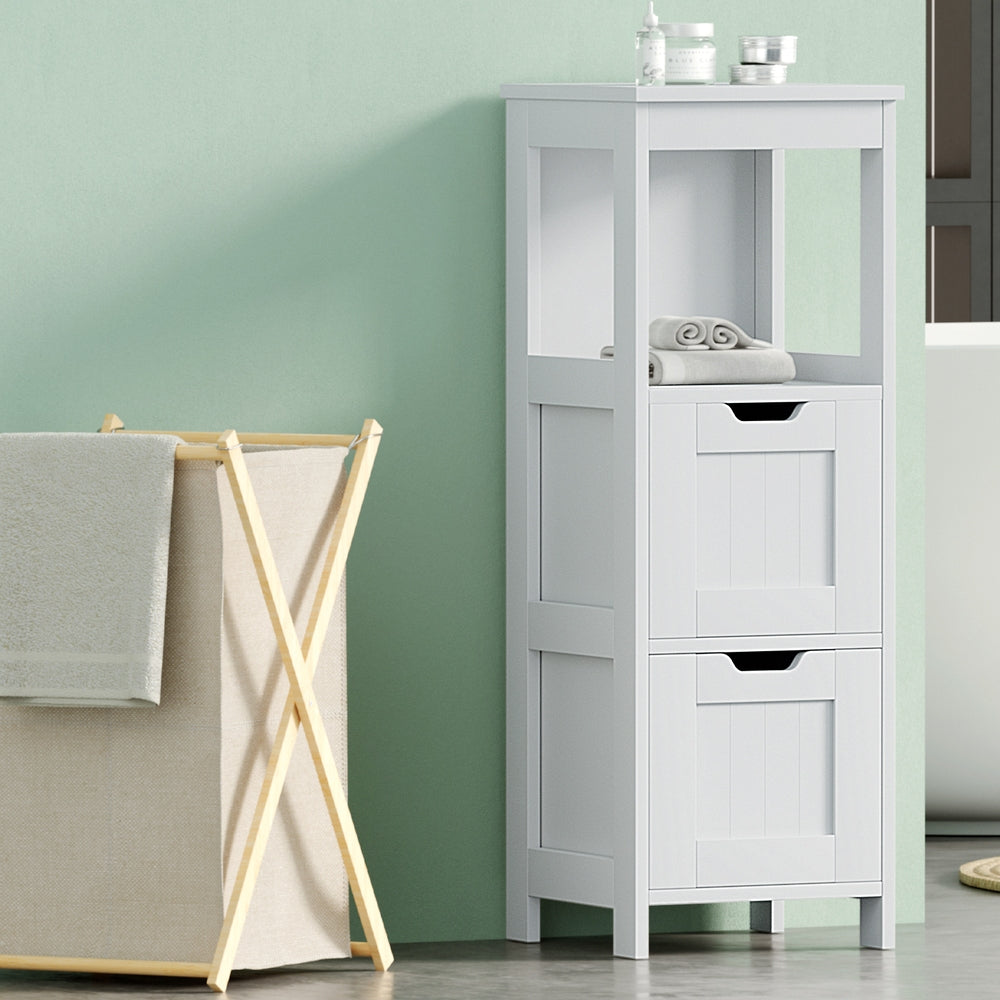 Bathroom Storage Cabinet 89cm Floor Toilet Drawer Bedroom Organizer Standing White with open shelves and two drawers against green wall