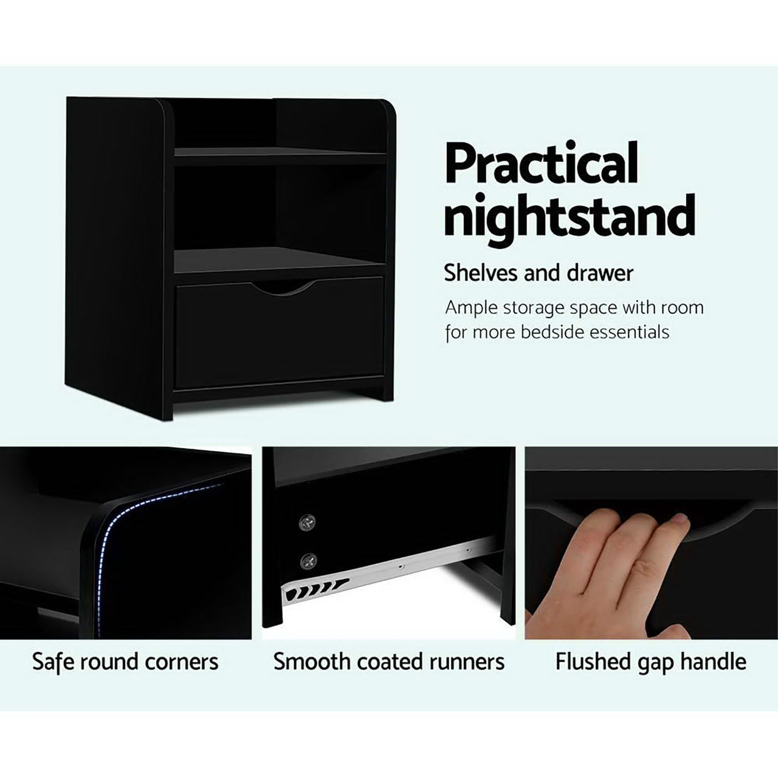 2X Bedside Table 1 Drawer with Shelf - FARA Black