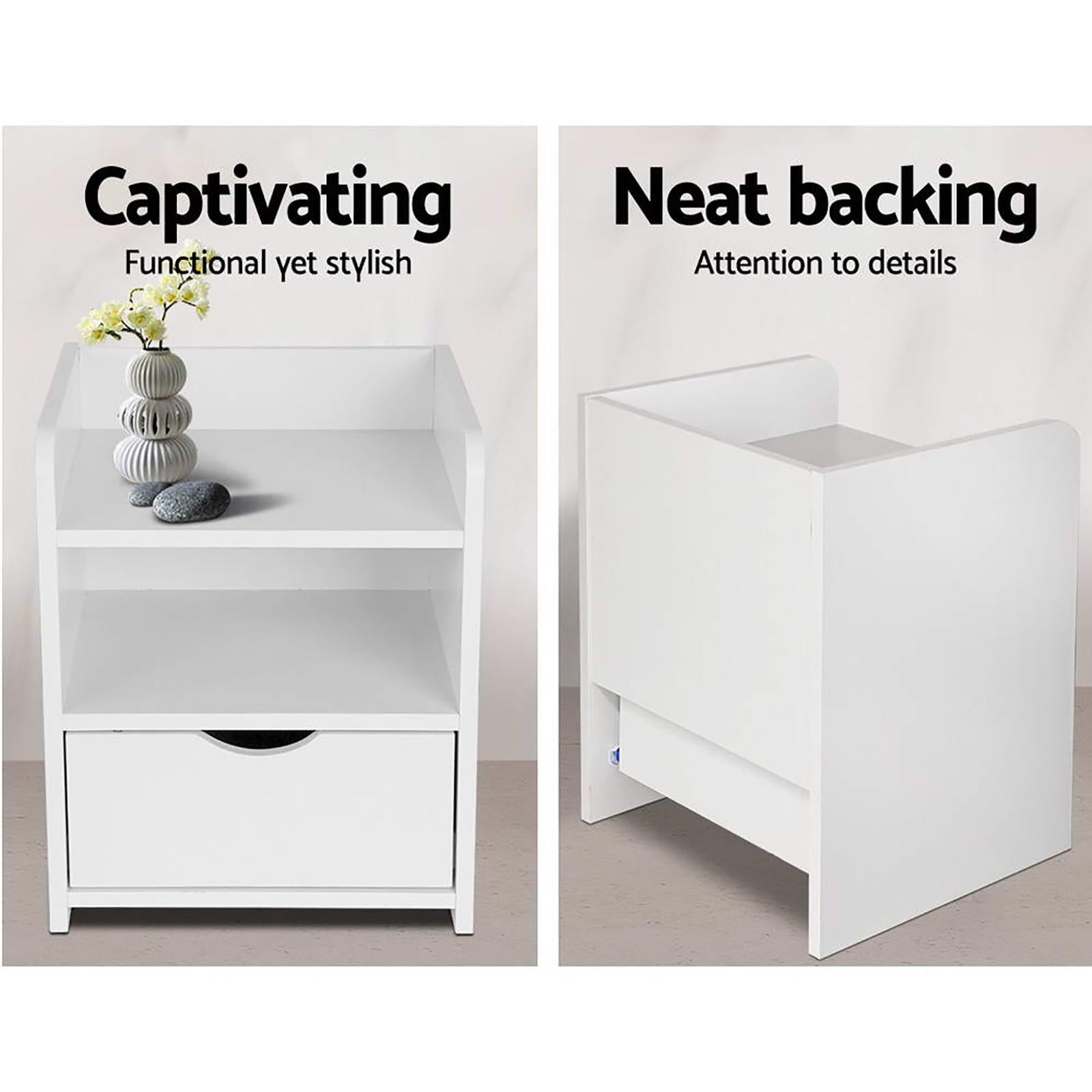 2X Bedside Table 1 Drawer with Shelf - FARA White