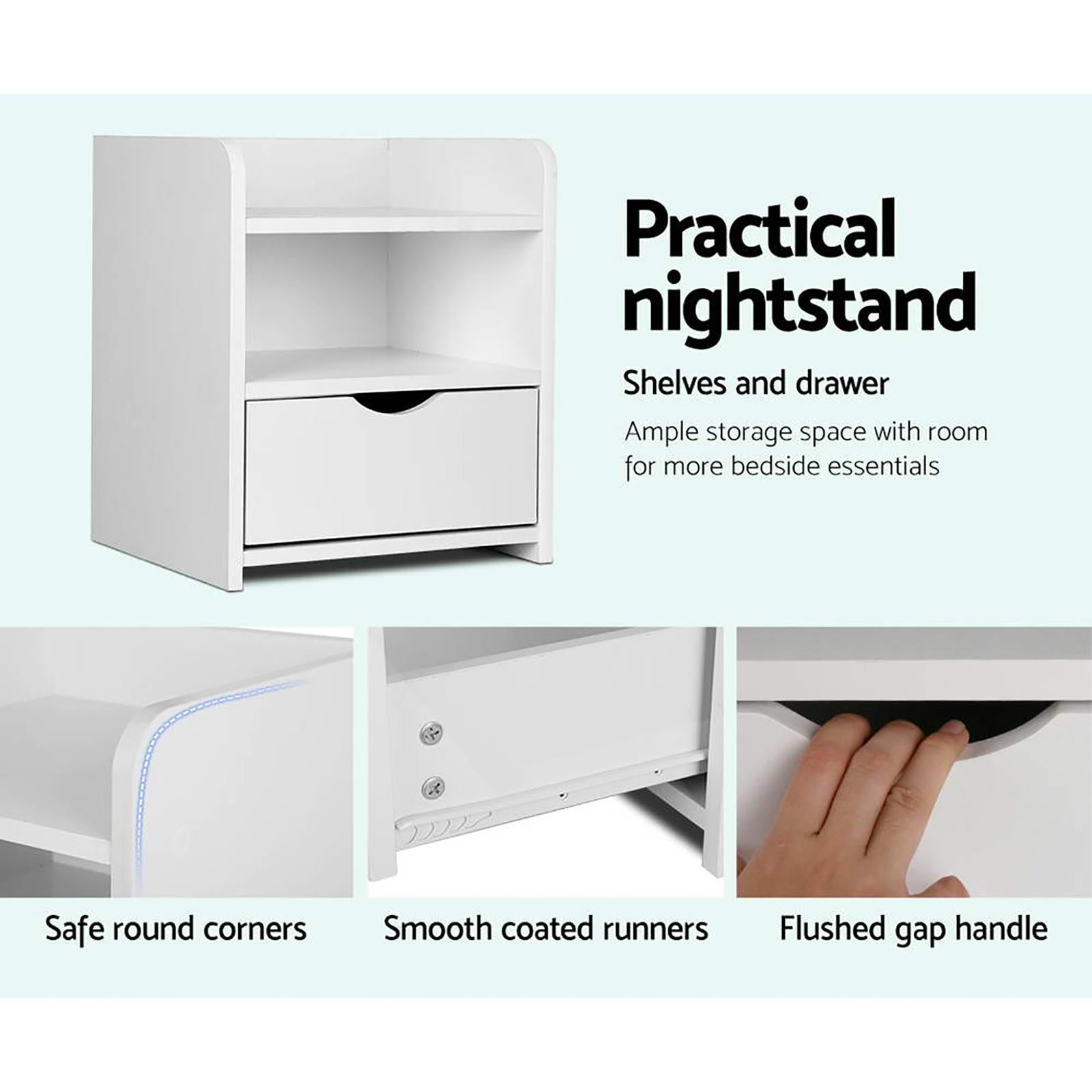 2X Bedside Table 1 Drawer with Shelf - FARA White