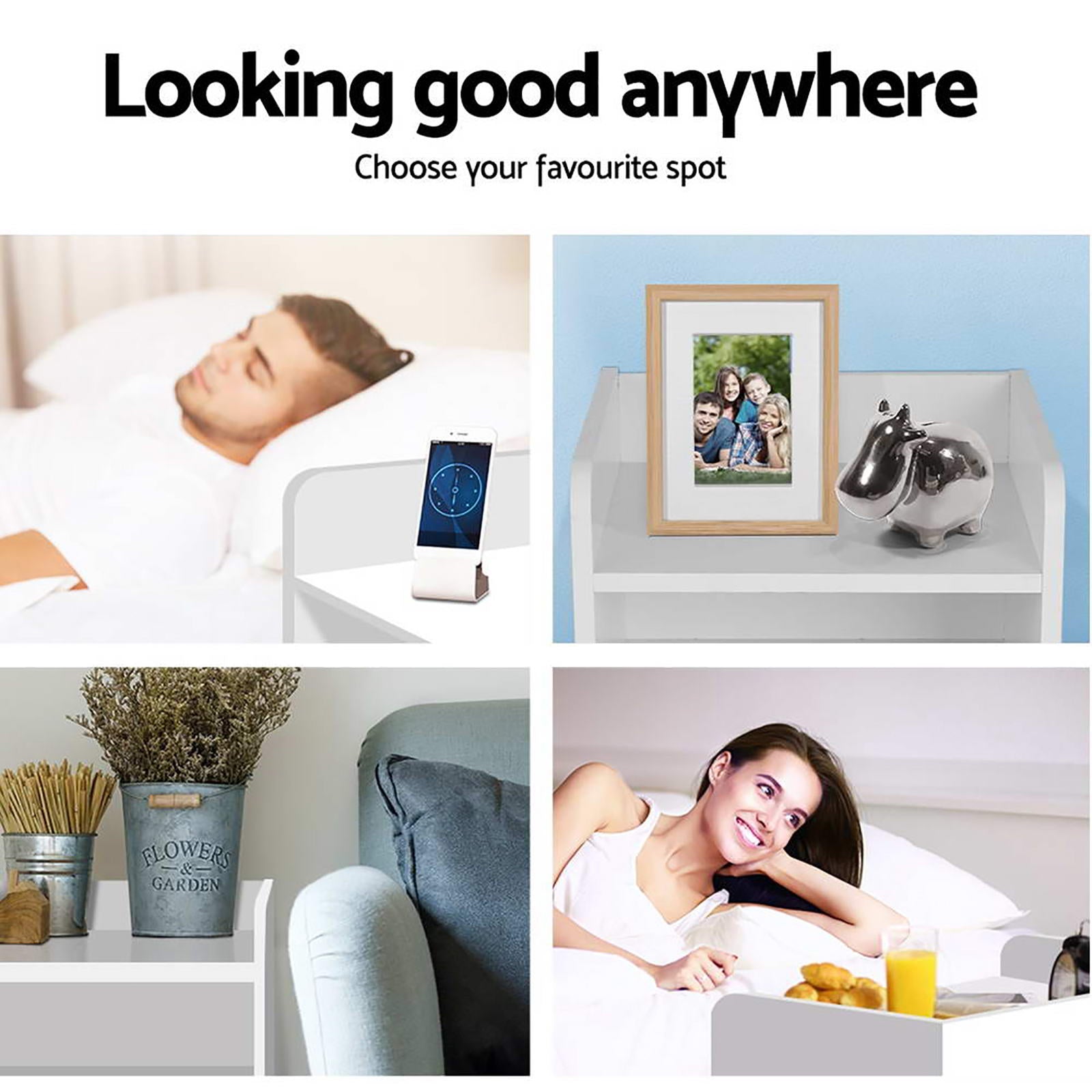 2X Bedside Table 1 Drawer with Shelf - FARA White