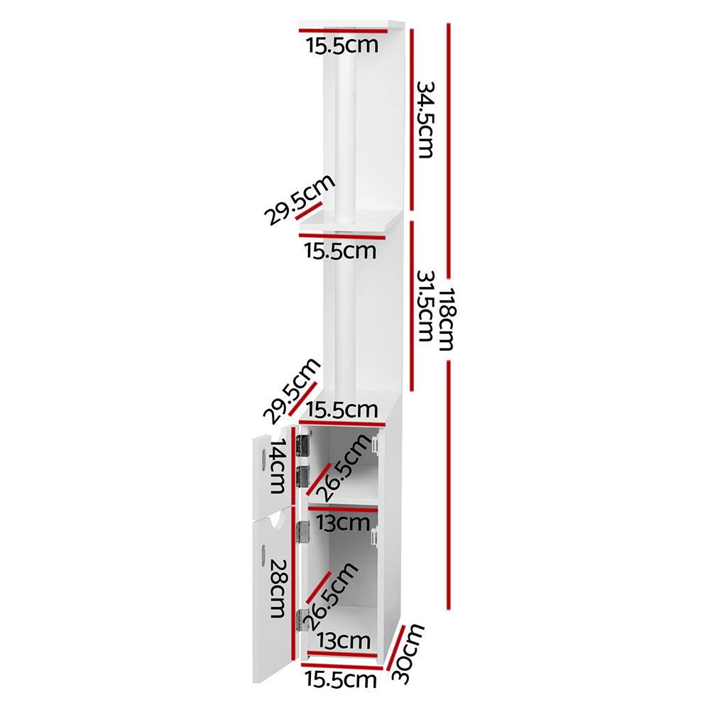 Bathroom Cabinet Storage 118cm Shelf White with multiple compartments and door, shown with dimensions on white background