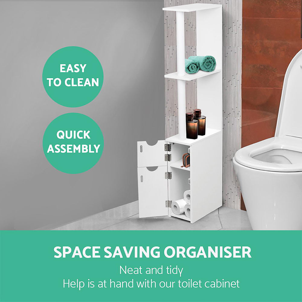Bathroom Cabinet Storage 118cm Shelf White with open door, towels, jars, and toilet beside in modern bathroom setting