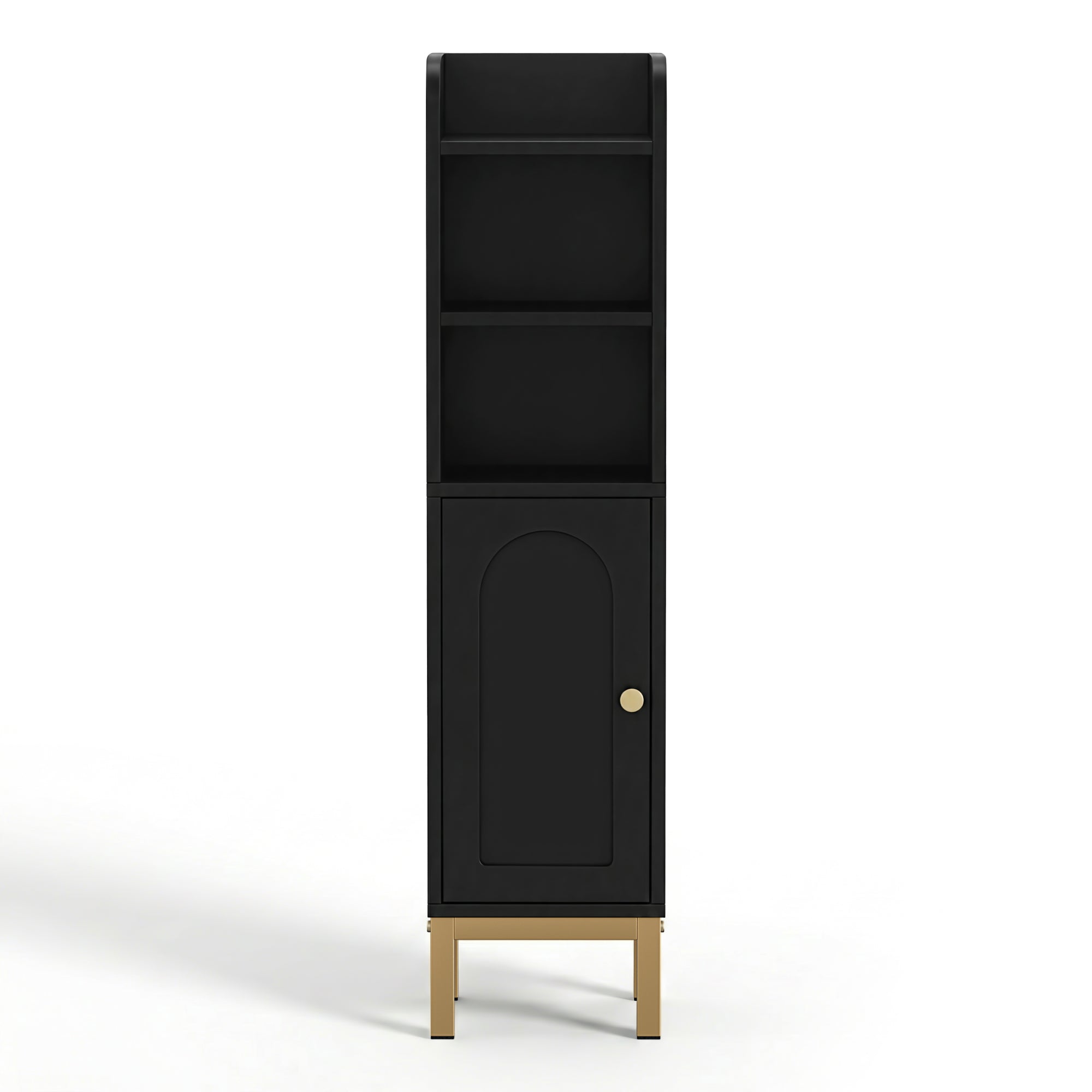 Bathroom Storage Cabinet Floor Organiser - Black with slim design, open shelves, single door, and gold-tone legs on white background