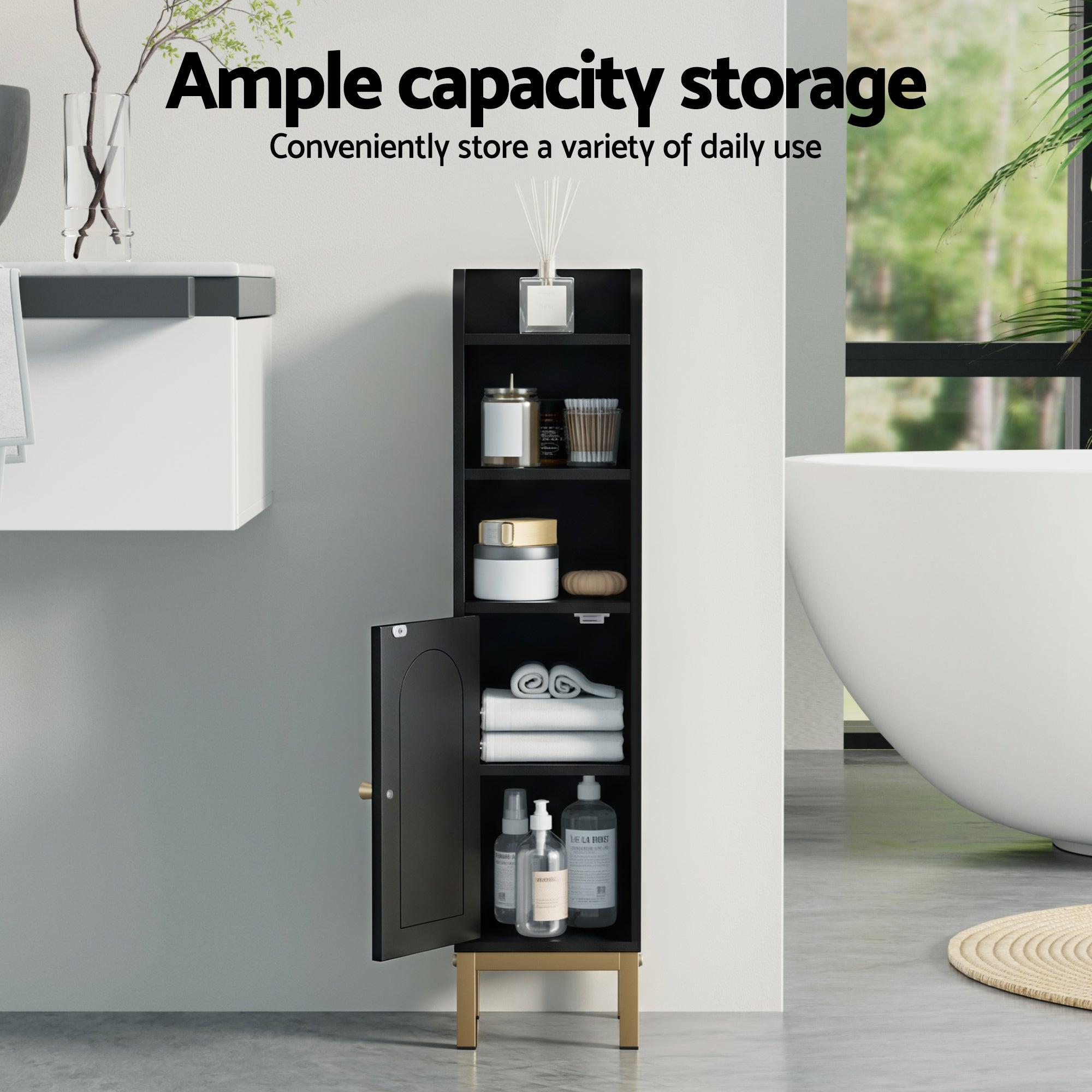 Bathroom Storage Cabinet Floor Organiser - Black with open door showing shelves holding towels and toiletries in bathroom setting