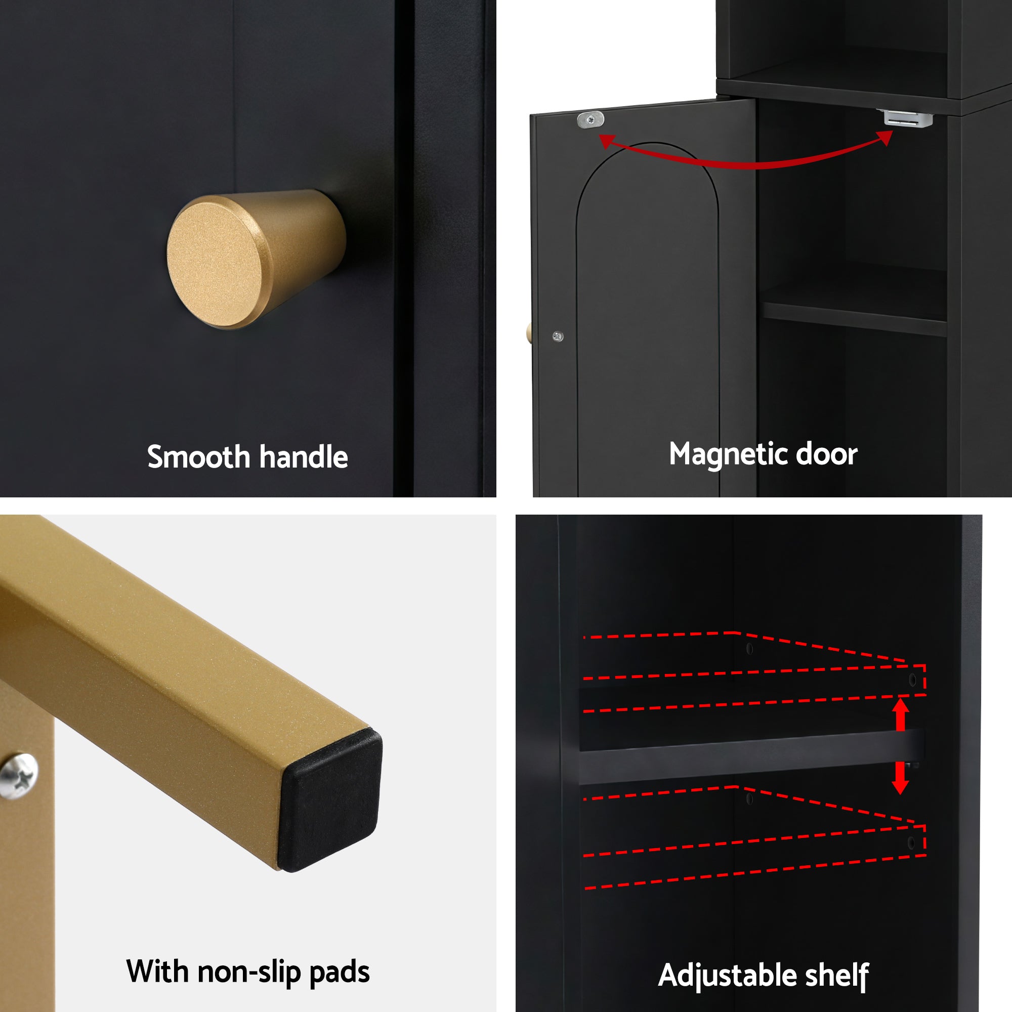 Bathroom Storage Cabinet Floor Organiser - Black with smooth handle, magnetic door, non-slip pads, and adjustable shelves.