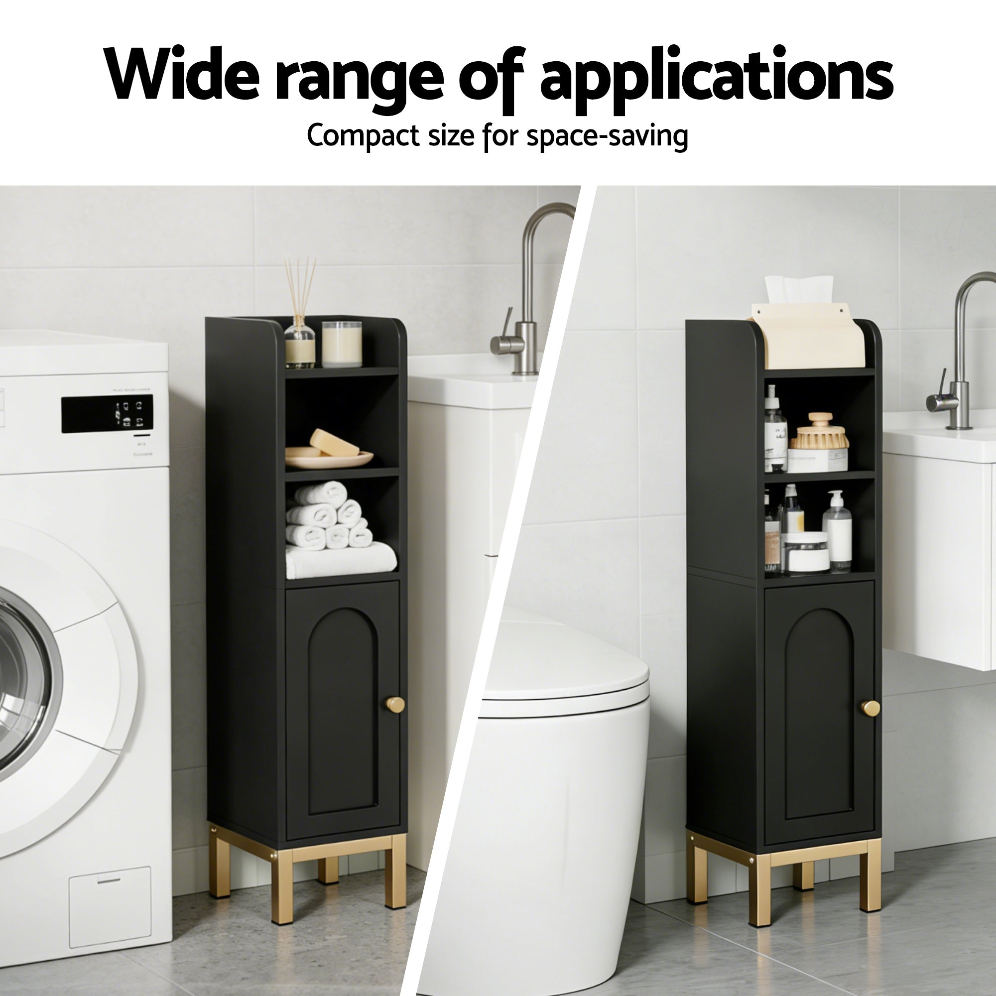 Bathroom Storage Cabinet Floor Organiser - Black with compact design, open shelves, and closed cabinet on gold legs in bathroom setting