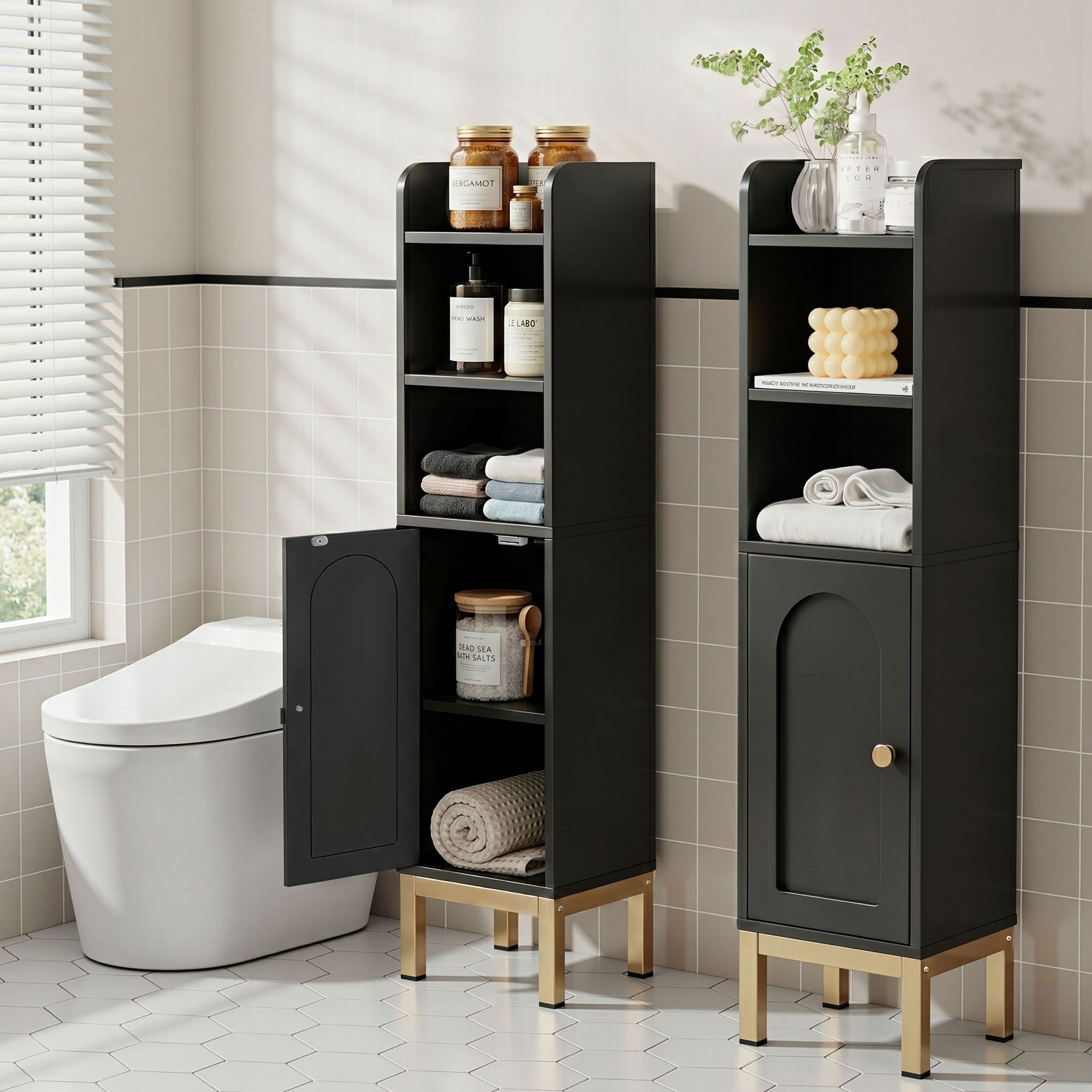 2X Bathroom Corner Storage Cabinet with Adjustable Shelves Floor Organizer - Black