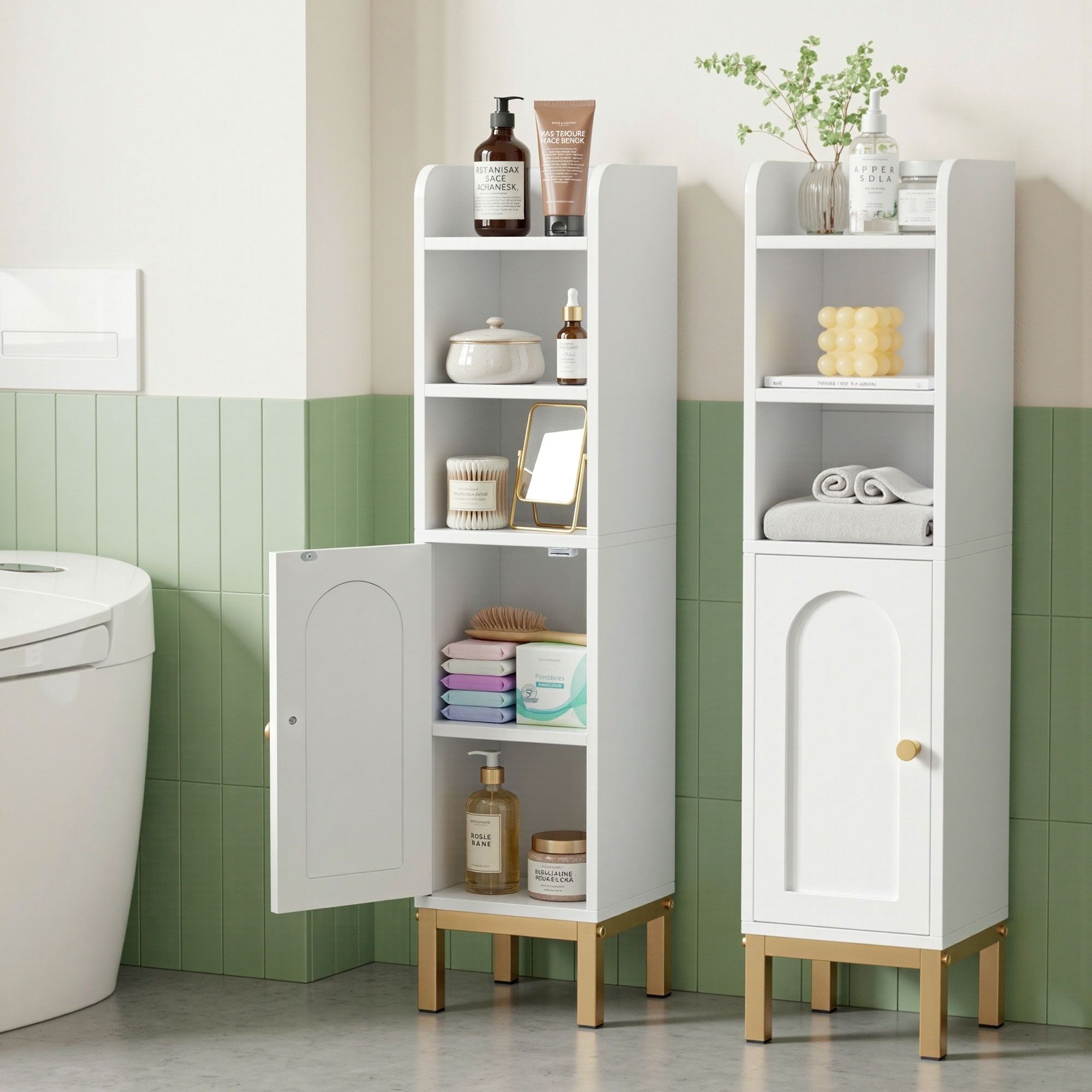 2X Bathroom Corner Storage Cabinets with Adjustable Shelves and Door - White