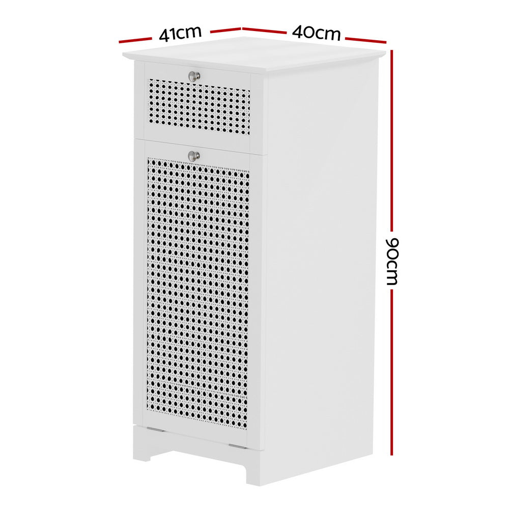 Laundry Hamper Cabinet Bathroom Storage White Rattan Clothes Basket with drawer and ventilation panel in white finish, 90cm tall.
