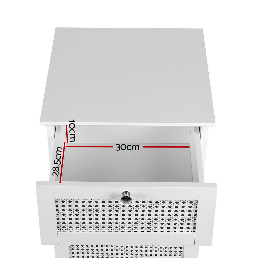 Laundry Hamper Cabinet Bathroom Storage White Rattan Clothes Basket with open top drawer showing interior dimensions on white background