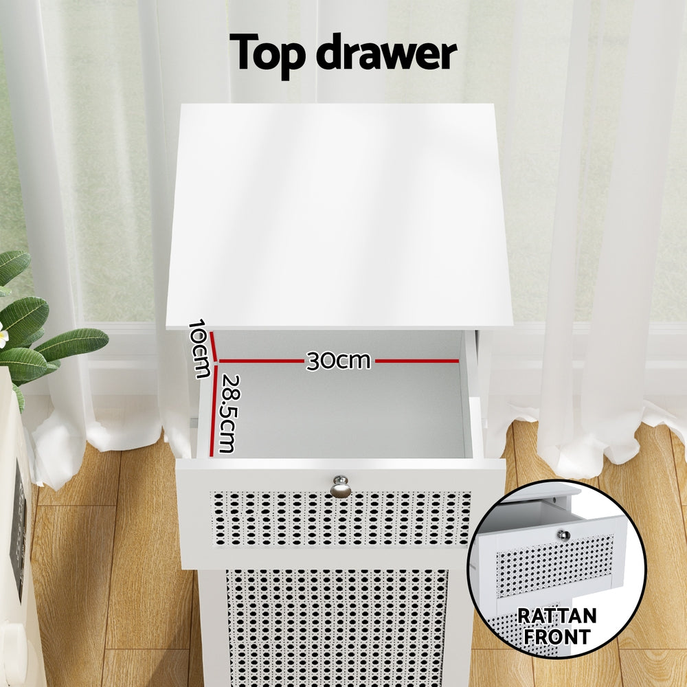 Laundry Hamper Cabinet Bathroom Storage White Rattan Clothes Basket with top drawer measuring 30cm by 28.5cm by 10cm opened above rattan-front panel
