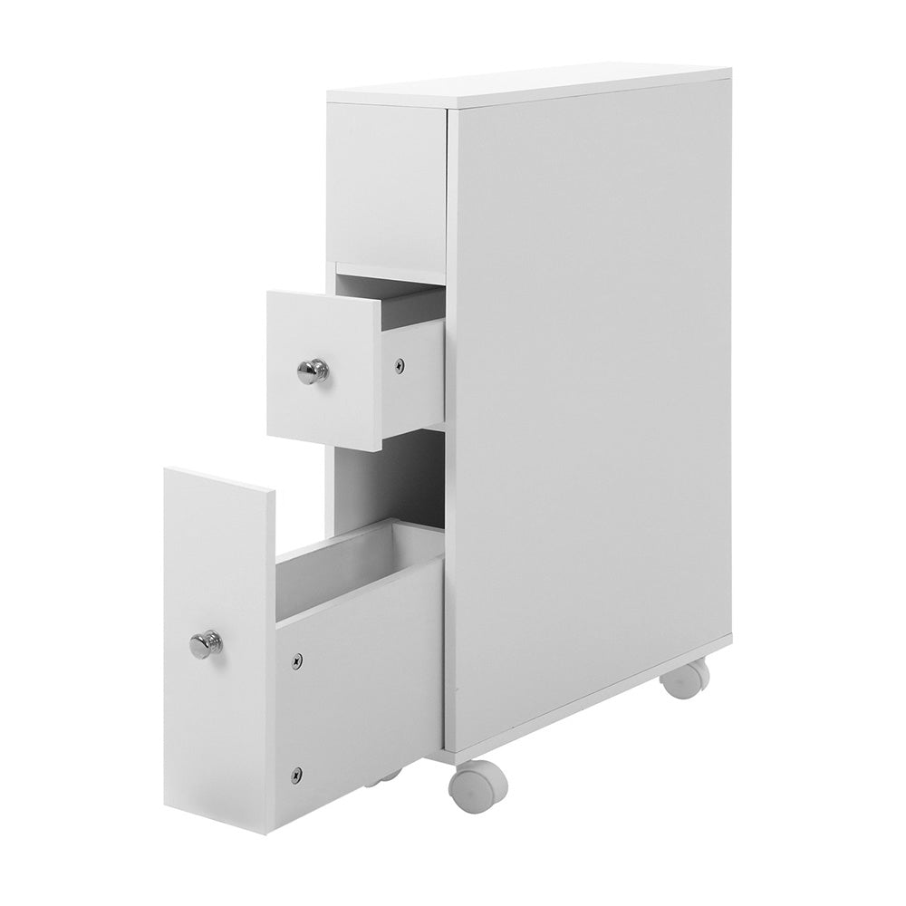 White Bathroom Cabinet Storage Toilet Organiser with two drawers and caster wheels for easy bathroom storage and access