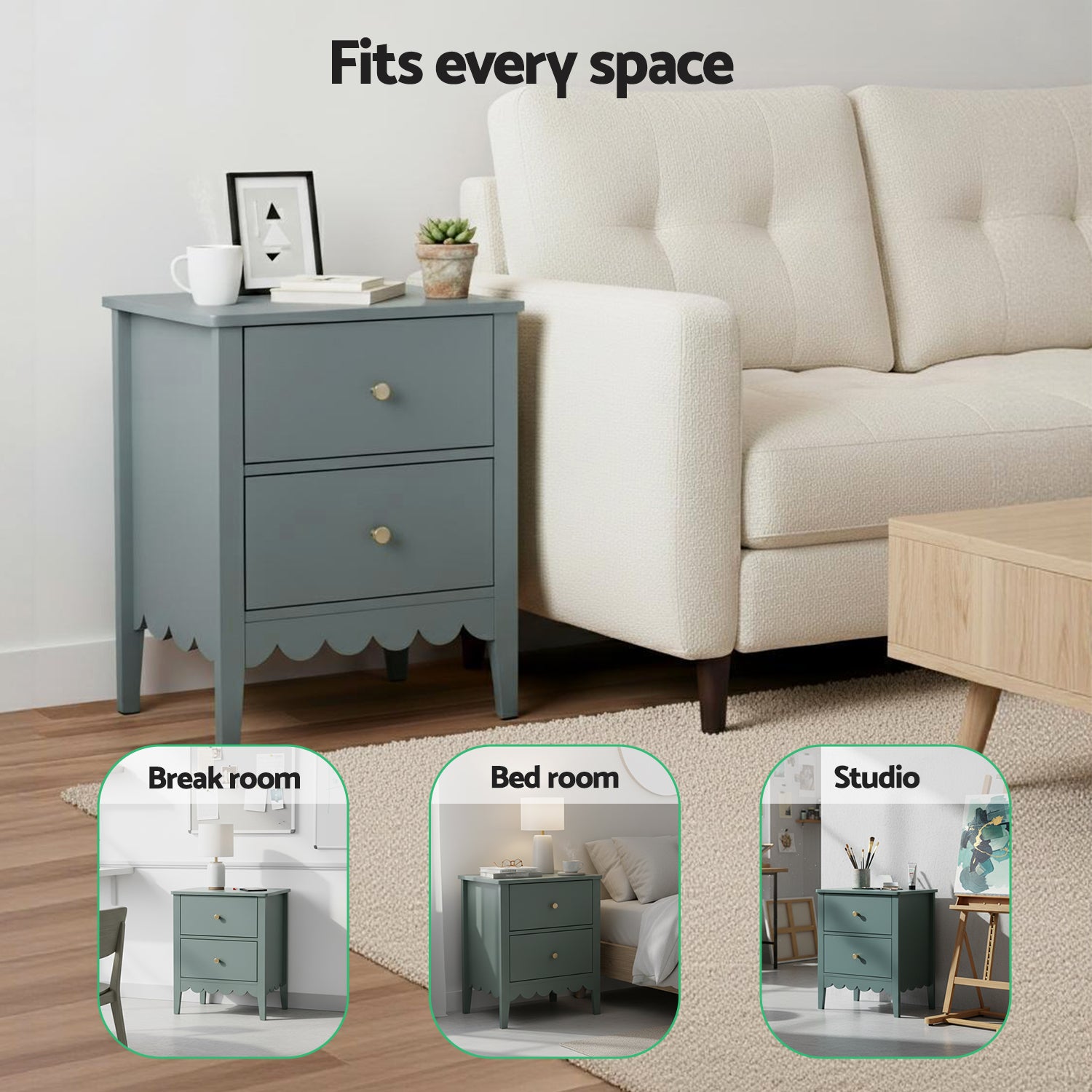Bedside Table 2 Drawers Bedroom Storage Nightstand Green