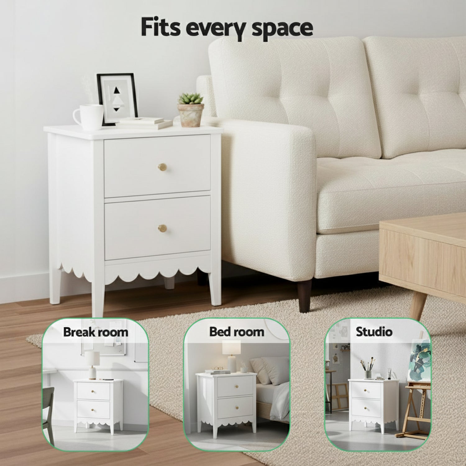 Bedside Table 2 Drawers Bedroom Storage Nightstand White