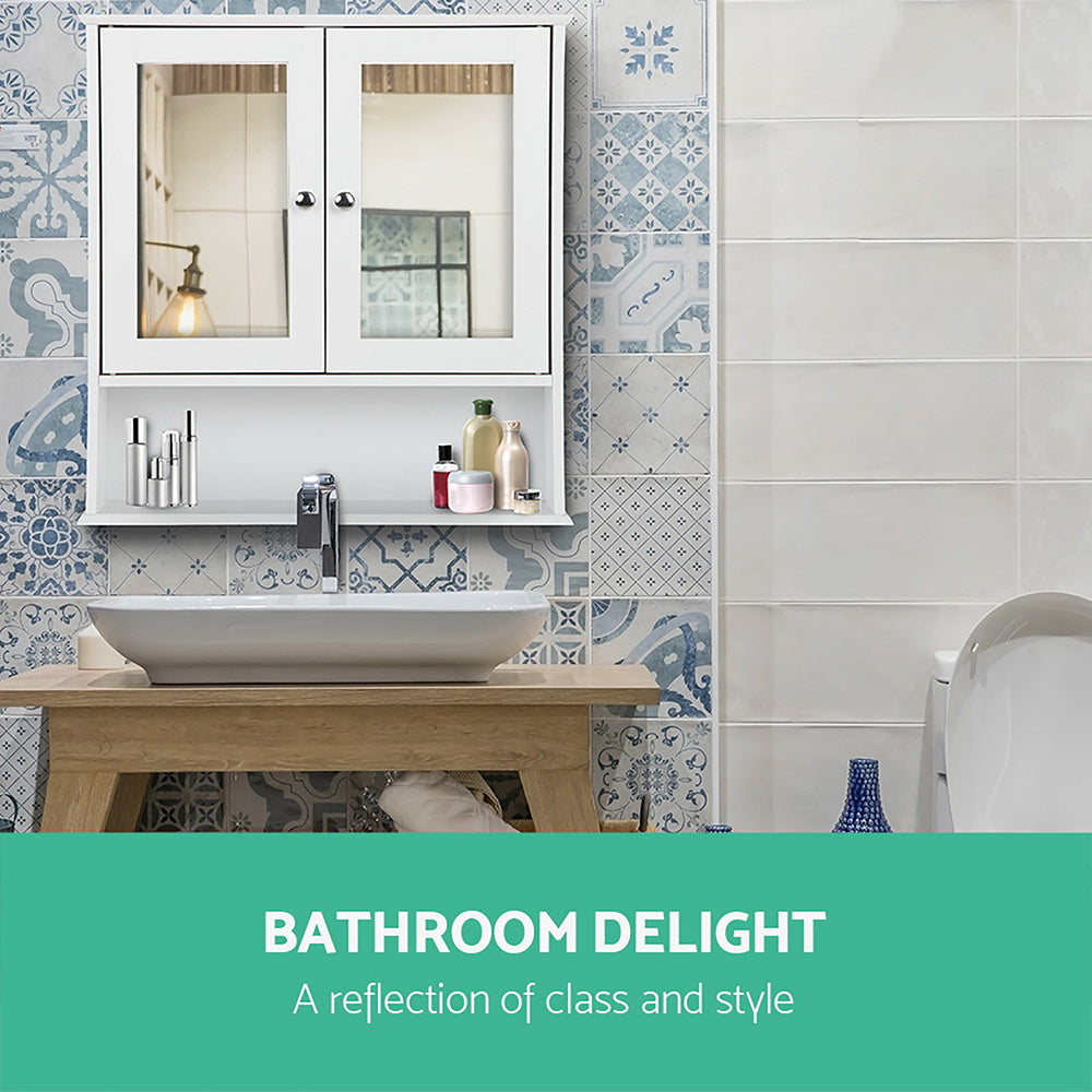 Bathroom Mirror Cabinet Storage Cupboard in white with double mirrored doors and open shelf above a modern sink and wooden vanity.