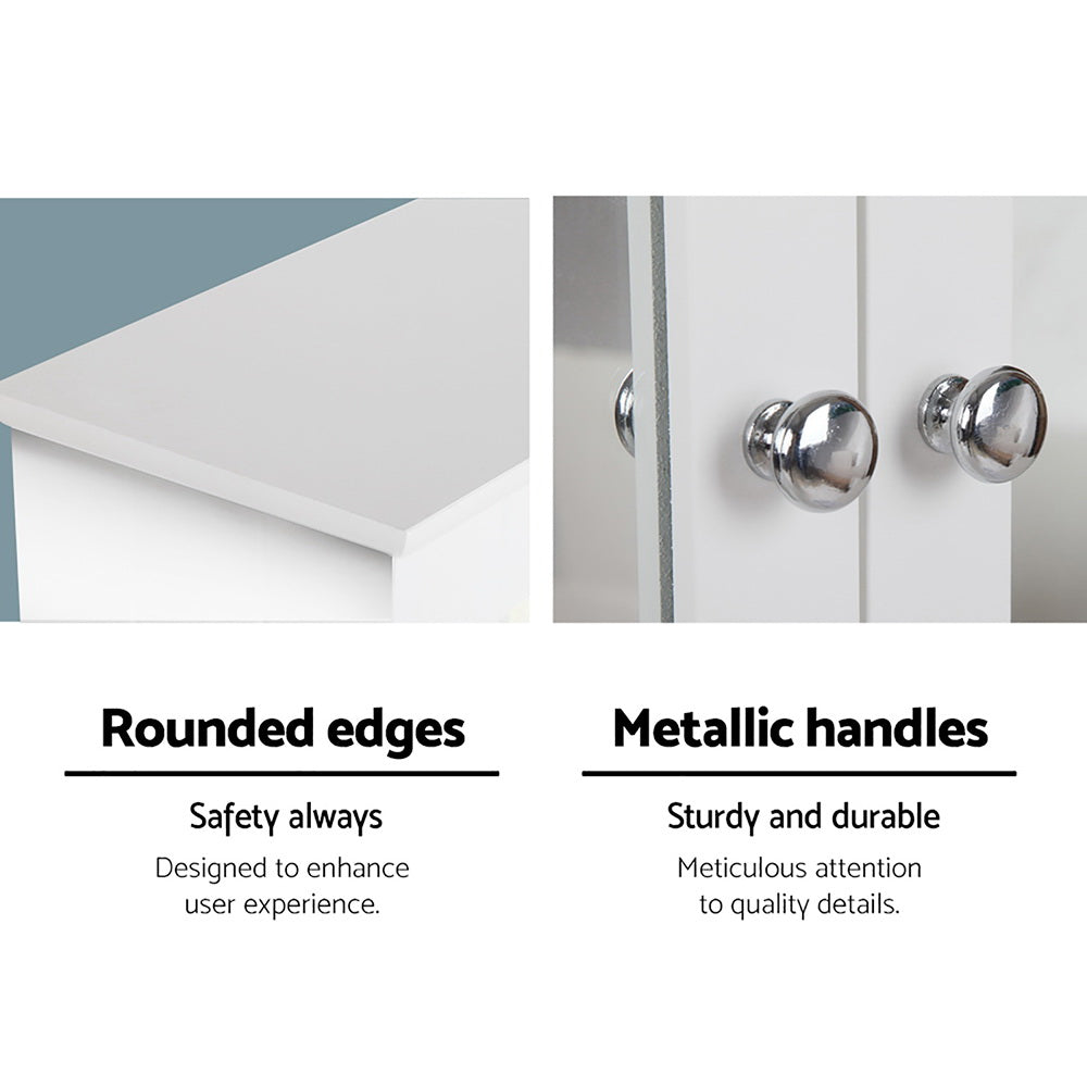 Close-up details of rounded edges and metallic handles on the Bathroom Mirror Cabinet Storage Cupboard in white finish