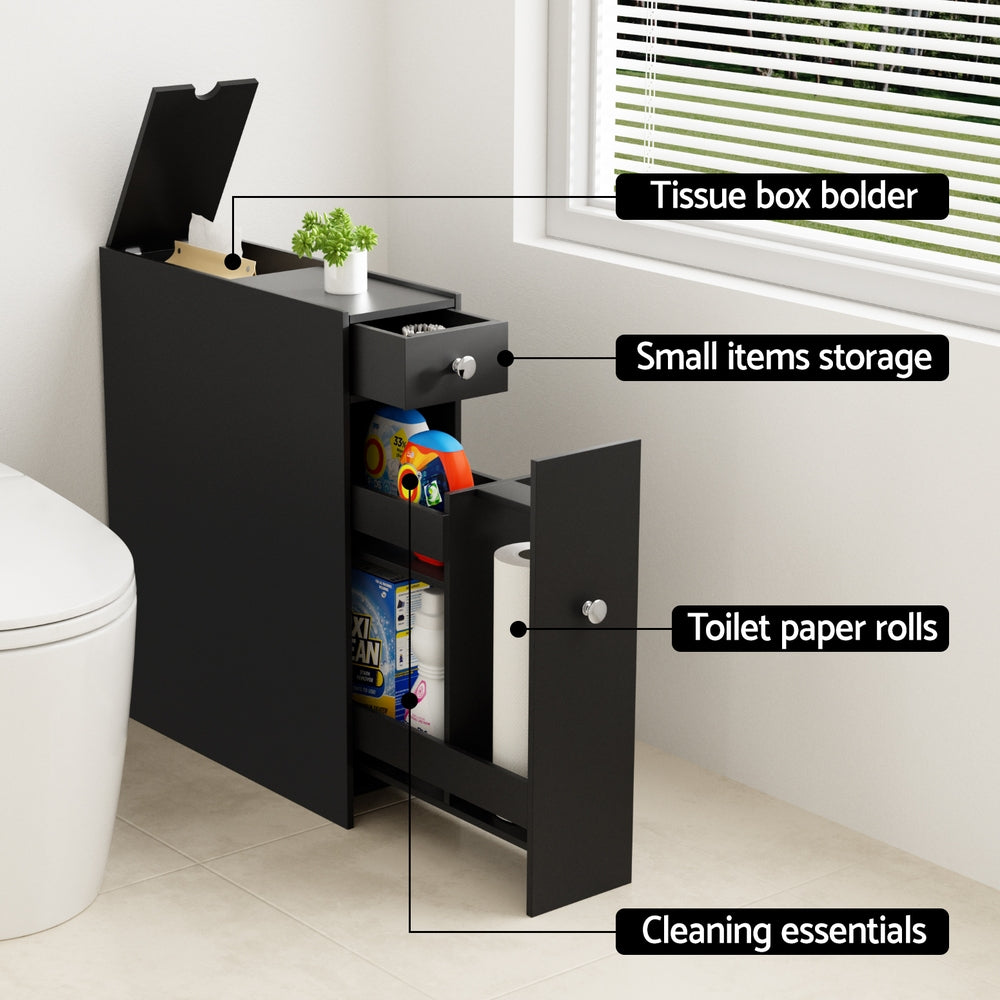 Bathroom Storage Cabinet Toilet Slim Tissue Box Caddy Holder Side Wooden Black with compartments for toilet paper and small items