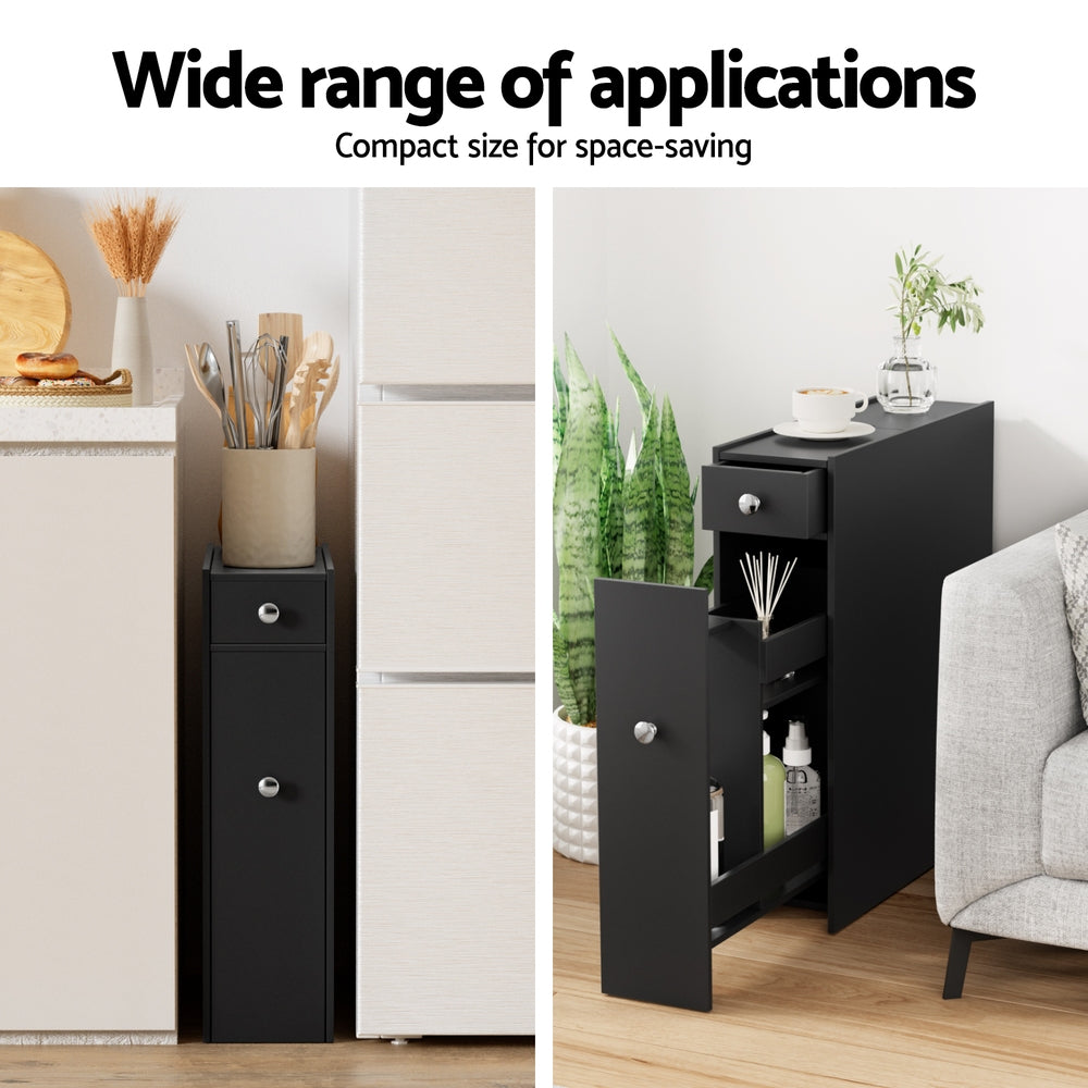 Bathroom Storage Cabinet Toilet Slim Tissue Box Caddy Holder Side Wooden Black in slim black design with drawer and door compartments.
