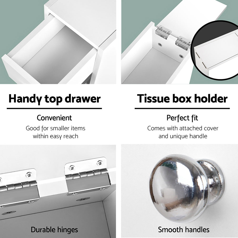 Bathroom Storage Cabinet Tissue Holder with top drawer, hinged tissue box cover, and smooth silver handle details on white finish