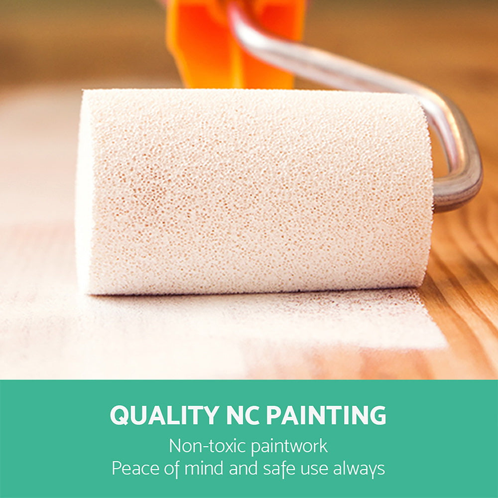 Bathroom Storage Cabinet Tissue Holder detail showing textured paint roller applying non-toxic white paint on wood surface