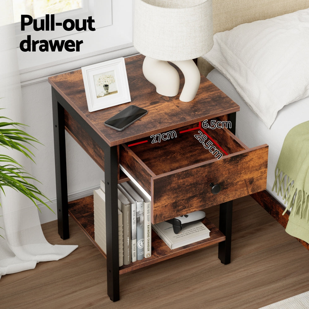 Bedside Table Nightstand 1 Drawer Shelves Walnut