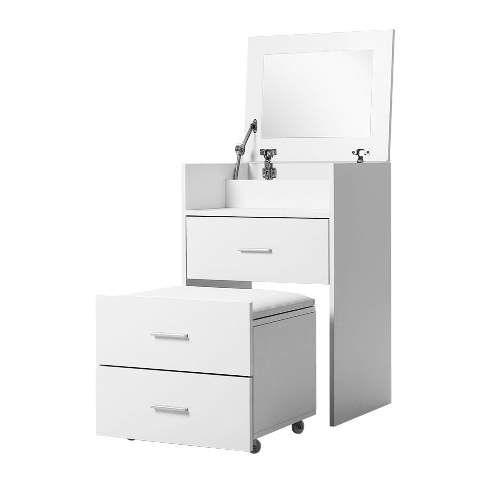 2-in-1 Bedside Dressing Table with Hidden Mirror and Stool - White