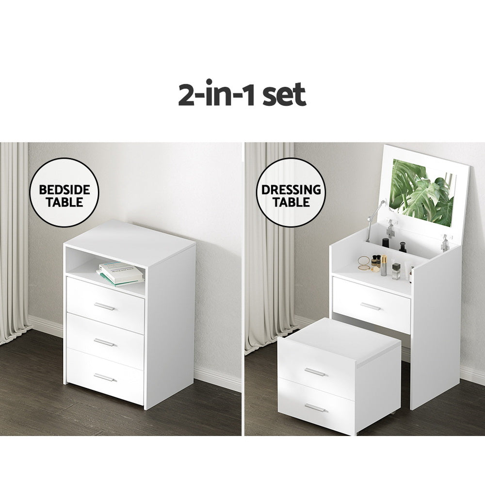 2-in-1 Bedside Dressing Table with Hidden Mirror and Stool - White