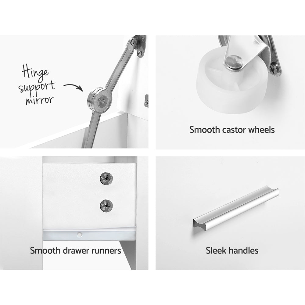 2-in-1 Bedside Dressing Table with Hidden Mirror and Stool - White