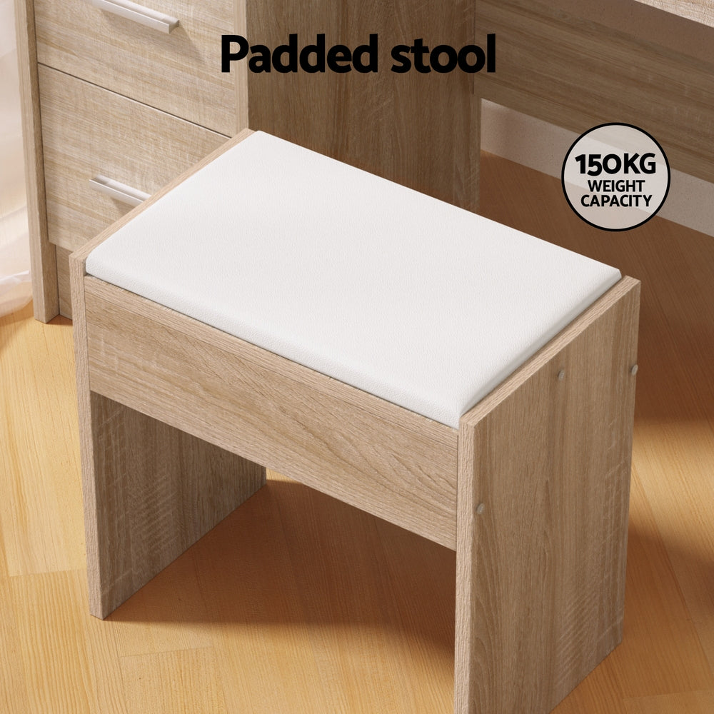 Dressing Table Set Stool 10 Led Bulbs Wood with padded white seat and wood finish, 150kg weight capacity for bedroom furniture